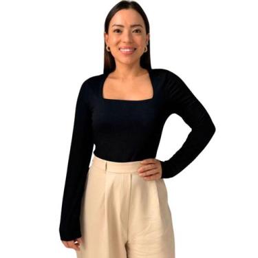Imagem de Blusa Feminina Decote Quadrado Manga Longa - Maranne, Preto, GG