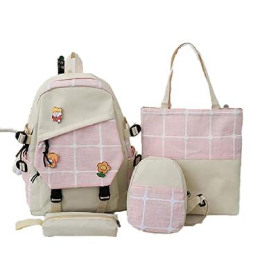 Imagem de Mochila universitária 4 peças mochila de lona casual com bolsa, bolsa de moedas, estojo de lápis, mochila xadrez de grande capacidade, rosa, 44 x 29 cm