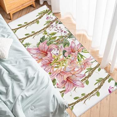 Imagem de Tapete para corredores de cozinha, aquarela verde flor videira lírio rosa natural antiderrapante tapete tapete para porta de lavanderia, cabeceira, banheiro, quarto, 45,7 cm x 118,5 cm