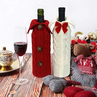 Imagem de Pacote com 2 sacos de garrafa de vinho de Natal, conjunto de capa de saco de vinho tinto, suéter de malha para bebidas, gola e manga champanhe, vestido de Natal para decoração de casa, hotel, restaurante, festa, vermelho e branco