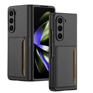 Imagem de Capa de couro para Samsung Galaxy Z Fold 5 Fold5 5G com suporte para cartão Capa dura para prevenção de quedas Capa protetora à prova de choque, padrão de fibra de carbono, para Galaxy Z Fold5