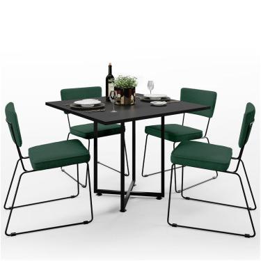 Imagem de Mesa de Jantar Rivera Preto 90cm com 04 Cadeiras Industrial Allana F01 Bouclê Verde - Lyam