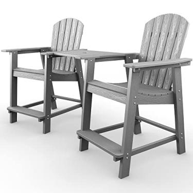 Imagem de YEFU Cadeira de varanda, cadeira Adirondack alta, conjunto de 2 com bandeja de conexão, banquetas de bar para cadeira Adirondack de madeira, banquetas de pátio, 172 kg, resistente ao clima para ambientes externos, gramado, piscina, quintal, cinza