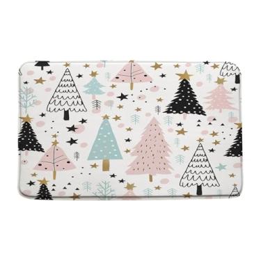 Imagem de GCTNBJL Tapete de banho Merry Christmas, árvore de Natal, floco de neve, estrela, pinheiro, floresta, férias de inverno, featival, rústico, banheiro, cozinha, tapete de espuma de memória, 40 x 75 cm