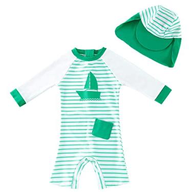 Imagem de upandfast Maiô infantil com proteção solar FPS 50+, peça única, com zíper e chapéu de sol, Barco verde (G), 12-18 Months