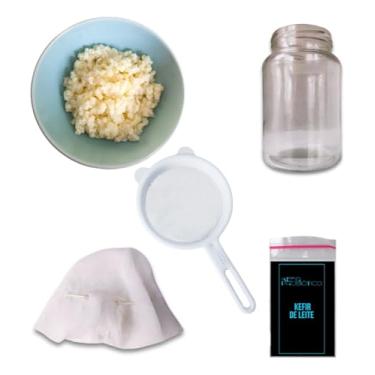 Imagem de Kefir de Leite Vivo – Kit Artesanal com Frasco 500ml, Peneira, Tampa Respirável e Manual