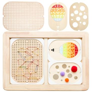 Imagem de IEATFO Pacote com 3 placas sensoriais de madeira - Inserções de caixa de armazenamento grande e pequena para mesa sensorial - Pegboard, placas cognitivas de tamanho e cor - acessórios incluem pinos de