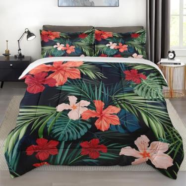 Imagem de Pamnest Conjunto de edredom Queen, com plantas tropicais, hibisco, macio, 3 peças, para crianças e adultos, conjunto de edredom floral de verão havaiano colorido com fronha, para decoração de cama de