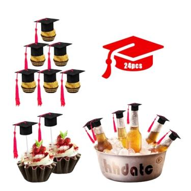 Imagem de hhdatc 24 Pcs Mini Graduation Cap Decorations Graduation Cap Topper Black Grad Hats with Red Tassels for Cupcake Toppers, Bottle Decor,Congrats Party Favors and Class of 2025 Celebrations
