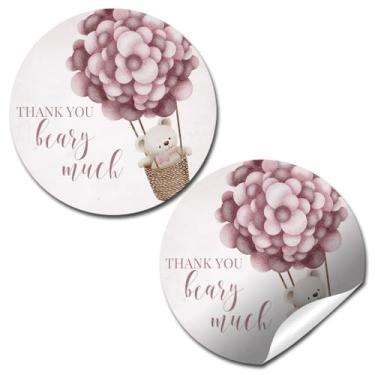Imagem de Ursinho de pelúcia rosa adesivos de chá de bebê para meninas - 40 etiquetas de círculo redondo de 5 cm - adesivos de lembrancinha de festa de urso de balão fofo, etiquetas de sacolas de presente e