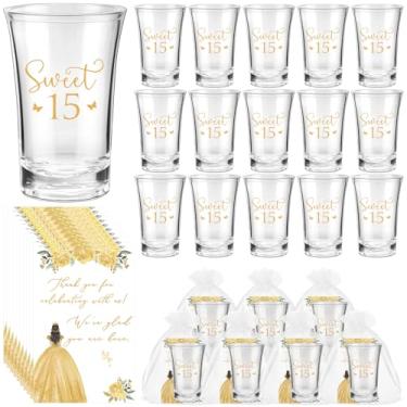 Imagem de Havawish 50 conjuntos de lembrancinhas de festa de quinze anos para convidados Golden Sweet 15 copos de acrílico transparente com cartões de agradecimento sacos de organza Mis Quince Anos Quinceanera