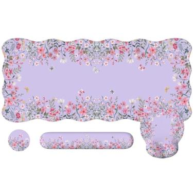 Imagem de iLeadon Tapete de mouse XXL, mousepad com descanso de pulso, suporte de pulso de espuma viscoelástica para teclado, mouse pad ultra suave para jogos, tapete de mesa roxo para escritório e casa (floral