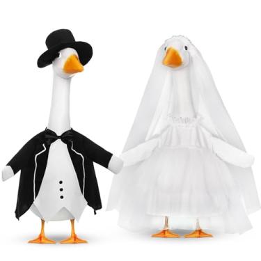 Imagem de Geyoga 2 conjuntos de roupas de ganso de casamento para casal de ganso de 58 cm, blazer masculino e vestidos de casamento femininos, fantasia de casal (estilo clássico)