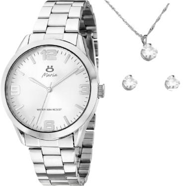 Imagem de Relogio Prata Menina de Luxo Exclusividade Colar Prata Brincos Strass Caixa Premium Presente Elegante Sofisticado Charme Beleza Qualidade Unica - Kit Feminino Delicado