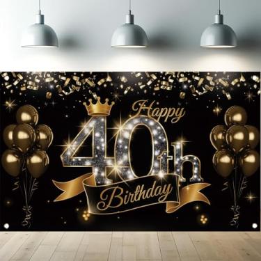 Imagem de Starlit Patio Faixa de fundo de aniversário de 40 anos, coroa dourada preta, para homens, mulheres, adultos, decorações de festa, balões felizes de 40 anos, fita de confetes, adereços para cabine