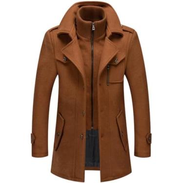 Imagem de Casaco De Lã De Inverno Masculino Gola Dupla Jaqueta Grossa Casaco De Trincheira De Peito único Masculino Moda Mistura De Lã Sobretudos, Brown, M