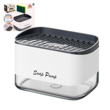 Imagem de Dispenser 2‑em‑1 para Detergente com Suporte de Esponja – Sabão Líquido e Esponja Práticos – INCLUI ESPONJA – Cozinha, Pia, Banheiro – Organização e Praticidade- PREMIUM