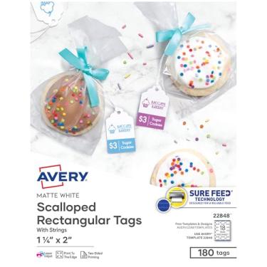 Imagem de Avery Etiquetas recortadas para impressão, tecnologia Sure Feed, 5 cm x 3 cm, branco, inclui corda, impressão a laser/jato de tinta, total de 180, ótimo para marcas, presentes, merchandising e mais