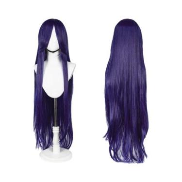 Imagem de Rosa Roxo 100cm Longo Reto Peruca Cosplay Com Franja Peruca Sintética 