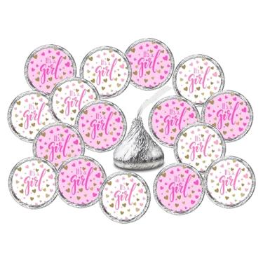 Imagem de 324 Etiquetas Its a Girl Pink Kisses para chá de bebê ou decoração de festa ou evento, adesivos, embalagens, lembrancinhas. Feito nos EUA