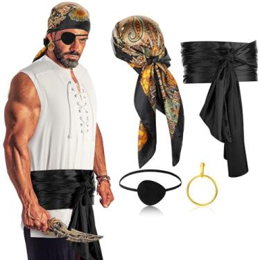 Imagem de Boyiee Conjunto de 5 peças masculinas de acessórios de fantasia de pirata para mulheres, camisa viking medieval renascentista, bandana, faixa para festa de Halloween, cosplay