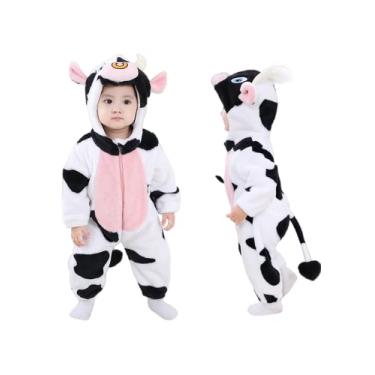 Imagem de Macacão unissex de flanela para bebê macacão animal fantasia com capuz roupa de desenho animado (vaca nova, 110 (23-30 m))
