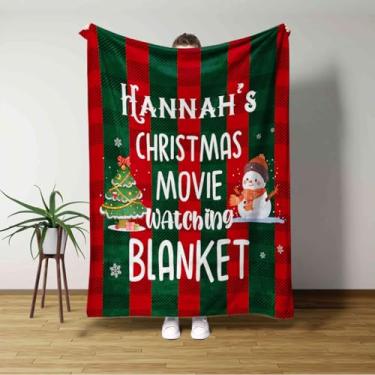 Imagem de YunTu Cobertor personalizado para assistir a filmes de Natal com nome personalizado, cobertor de lã de búfalo vermelho e verde de Natal