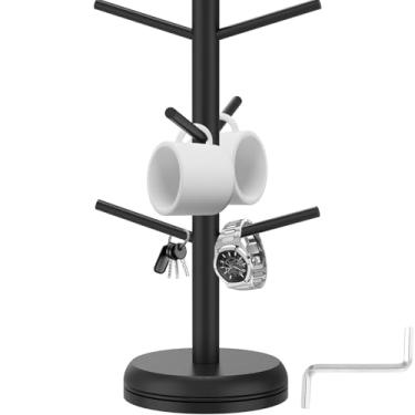 Imagem de Suporte de caneca de árvore - Suporte de xícara de café de madeira, novo suporte de caneca de café girado 360° com 6 ganchos para balcão - suporte organizador de canecas de café - acessórios de café e