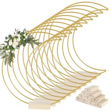 Imagem de 10 peças de centro de argola floral de metal com suporte de madeira, suporte de coroa de metal em forma de lua, anel de guirlanda de ouro macramê de metal, elegante argola de metal para decoração de