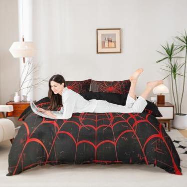 Imagem de Manfei Conjunto de capa de edredom de teia de aranha tamanho casal, conjunto de cama com estampa de animais aracnídeos aracnídeos vermelhos 3 peças, capa de edredom preta com tema gótico de Halloween