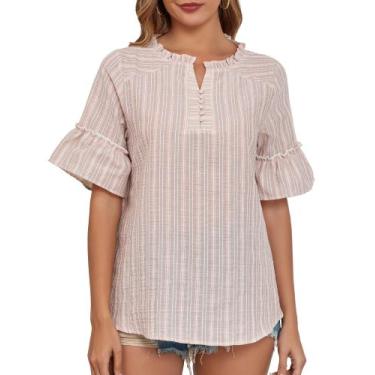 Imagem de Blusa feminina Altelime de algodão listrada com decote em V rosa taman