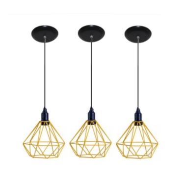 Imagem de Kit 3 Lustres Aramado Retrô Diamante 18X18Cm Amarelo Md8003