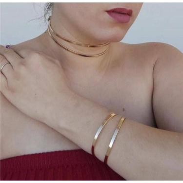 Imagem de Kit Colar Choker e Pulseira Feminino Elo Aro Duplo metal ajustável Fol