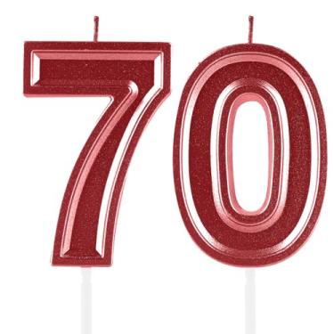 Imagem de Velas de aniversário de 70 anos, numerais vermelhos 70 topo de bolo, decoração para meninas e meninos, tema de aniversário, festa de casamento, artigos de celebração