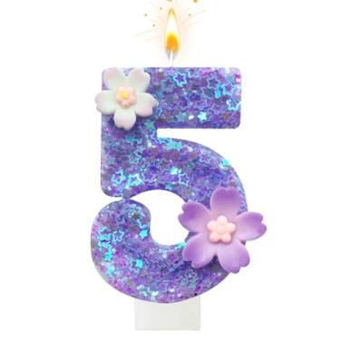 Imagem de Vela de aniversário de flor roxa, número 5 velas de aniversário para bolo, 5 velas para primeiro aniversário, decoração de bolo, aniversário de casamento e outras celebrações (roxo 5)