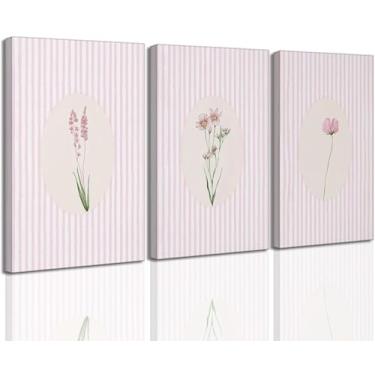 Imagem de 3 peças de arte de parede em tela floral listrada rosa minimalista flor rosa pintura botânica decoração de parede rosa rosa branco listrado pôster arte para quarto de meninas decoração de casa