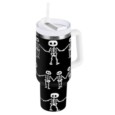 Imagem de Kigai Copo de 850 g com alça, copos isolados de caveira legal com tampa e canudo, garrafa de água esportiva grande de metal, caneca de café de viagem de aço inoxidável
