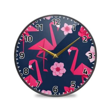 Imagem de WELLDAY Relógio de parede sem tique-taque 30,5 cm - Flamingo flores tropicais relógio redondo silencioso de quartzo operado por bateria para casa/escritório/cozinha/sala de aula