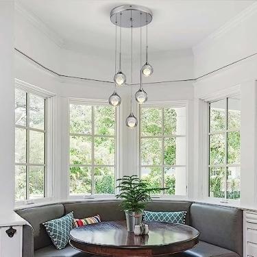 Imagem de Lustre moderno de cristal em formato de lua, com 5 lâmpadas pendentes em cluster, iluminação pendente LED dimerizável para ilha de cozinha, bar, sala de jantar e sala de estar.