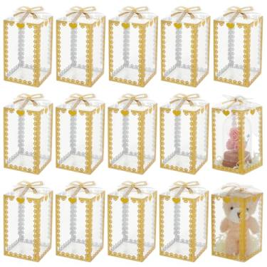 Imagem de BENECREAT 50 caixas de presente de PVC transparente de 6 x 6 x 12 cm, caixas retangulares com padrão de nó de laço para embalagem de presente de festa de casamento, douradas