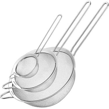 Imagem de Jogo de 3 Peneiras em Aço Inox, Resistente, Luxo, para Coar e Polvilhar, Versátil e Durável, com Suporte para Panelas, Fácil Manuseio, 8cm, 10cm e 12cm