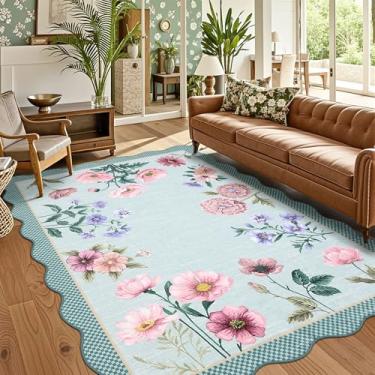 Imagem de GarveeHome Tapetes florais laváveis 15 x 23 cm, tapetes antiderrapantes para sala de estar, 15 x 23 cm, tapete boho macio resistente a manchas com traseira de borracha para sala de jantar, azul
