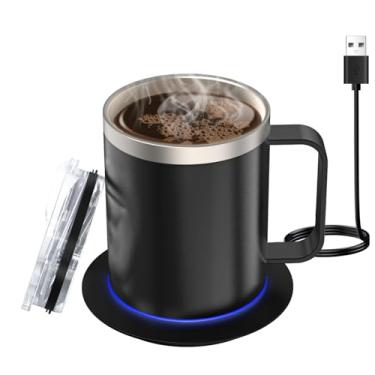 Imagem de Aquecedor de Caneca Café com e Tampa Aquecimento Automático Camada Temperatura Constante Inteligente Aço Inoxidável 304 Grau Alimentar Bebidas Isolamento para Mesa Casa Escritório Carregamento USB Man