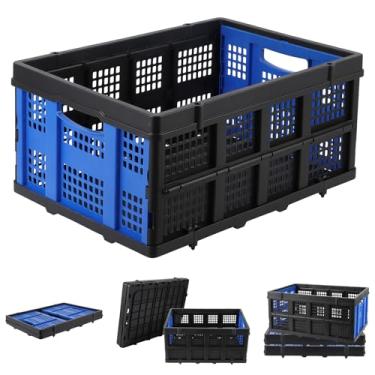 Imagem de Caixa dobrável de 55L, caixa de leite de plástico dobrável resistente com alças laterais, caixa/cesta de armazenamento empilhável para alimentos, bebidas, livros, ferramentas, organizador multiuso