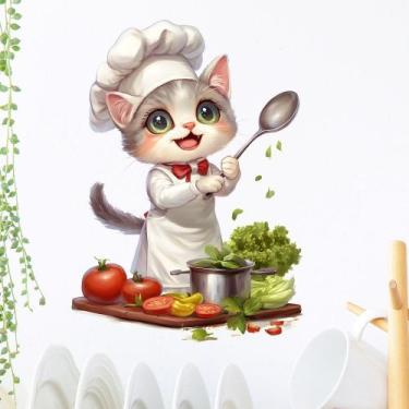 Imagem de Adesivos de parede Cute Cartoon Cat Chef Adorable Kitty Cooking - Yiwe