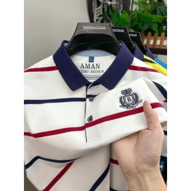 Imagem de Camisa Polo Listrada Masculina De Verão Com Bordado De Letras, Casual 