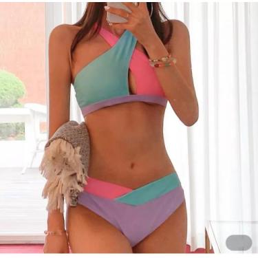 Imagem de Traje De Banho Feminino Bloco De Cor Dividida Sexy Biquíni - .