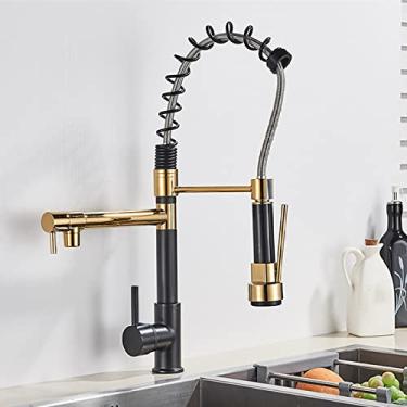 Imagem de Torneira de cozinha de primavera puxe pulverizador lateral bico duplo de alça única torneira de pia torneira 360 rotação torneiras de cozinha, ouro preto, china