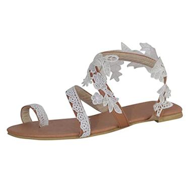 Imagem de Sandálias femininas casuais verão, sandálias abertas de renda floral rasteiras sandálias de praia romana, X02 - Branco, 8.5