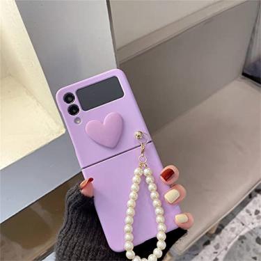 Imagem de Luxo Macaron Purple Love Pearl Pulseira Cadeia Capa de Telefone para Samsung Galaxy Z Flip 3 5G Z Flip3 Zflip3 Flip 4 Capa, A, para Samsung Z Flip 3 5G